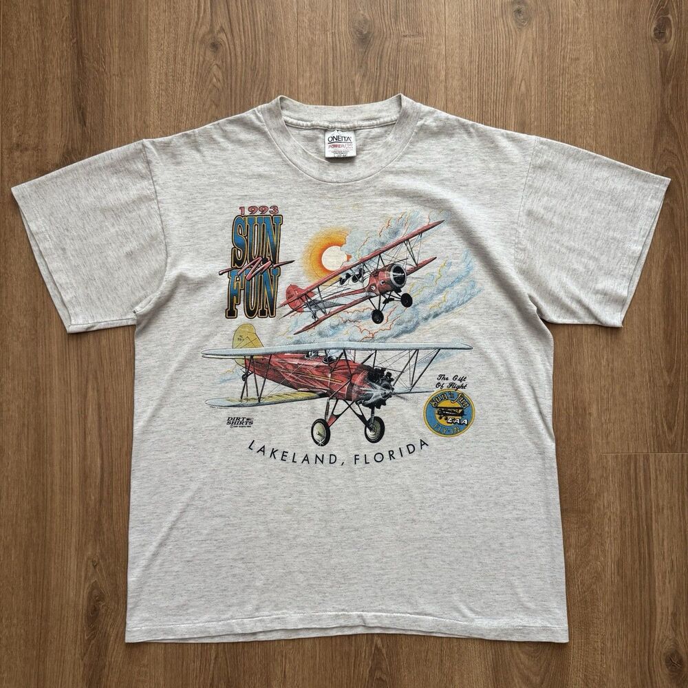 Vintage 90s Oneita 1993 Sun N Fun Graphic Tee USA Made L Cotton Blend Ash Gray